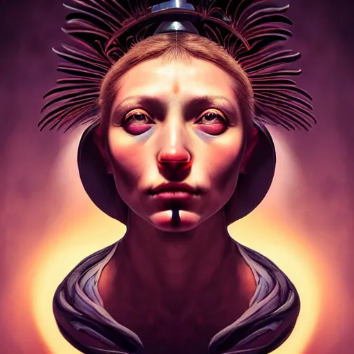 Image similar to Colour Caravaggio style Photography of Beautiful woman with highly detailed 1000 years old face wearing higly detailed sci-fi halo above head designed by Josan Gonzalez Many details. . In style of Josan Gonzalez and Mike Winkelmann andgreg rutkowski and alphonse muchaand Caspar David Friedrich and Stephen Hickman and James Gurney and Hiromasa Ogura. Rendered in Blender, volumetric natural light