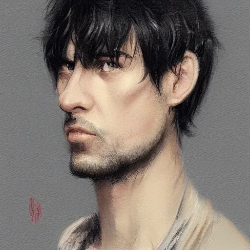 Image similar to portrait of a man by greg rutkowski, he is about 3 0 years old, short black hair with bangs, his features are a mix between french, turkish and russian, very tall and slender, he is wearing a beige and black utility jumpsuit, highly detailed portrait, digital painting, artstation, concept art, smooth, sharp foccus ilustration, artstation hq