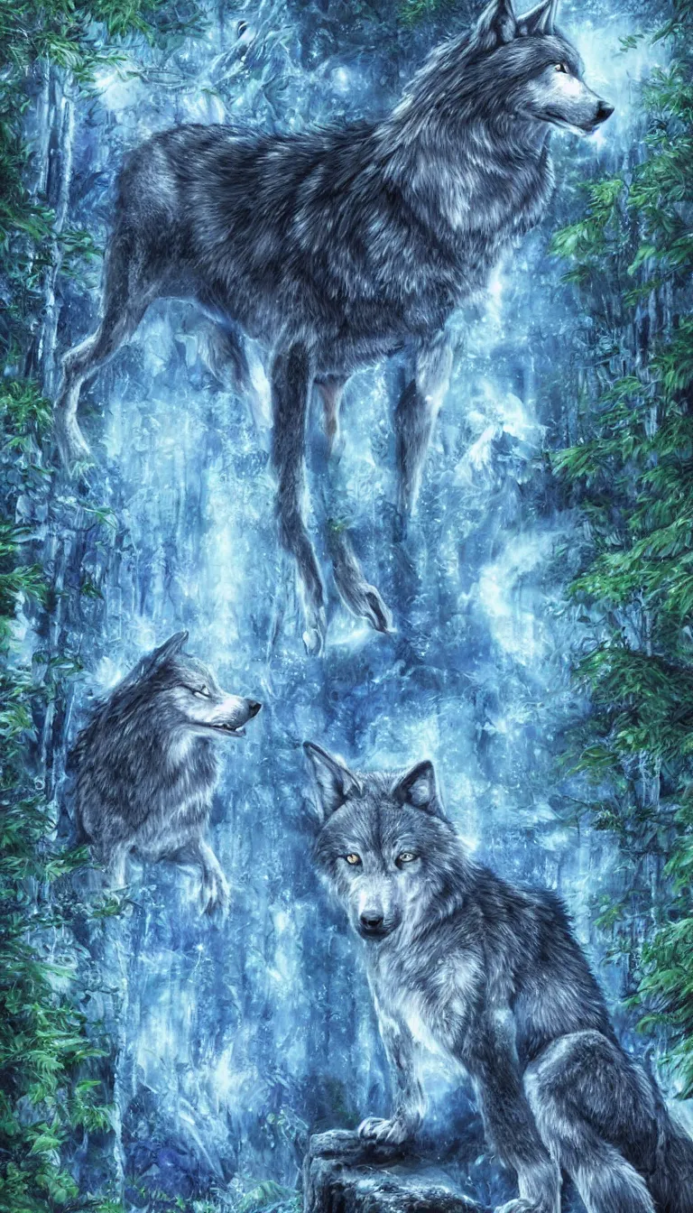 Image similar to humanoid wolf in an enchanted forest with a blue hue and blue fireflie and a waterfall in the distance that magically glows blue, insanely detailed