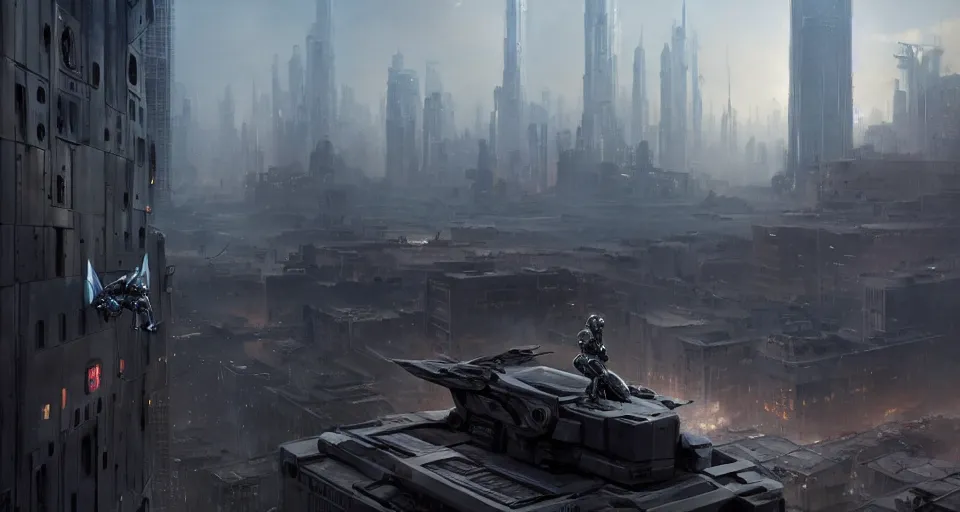 Prompt: hyper realistic sci - fi matte concept art painting of mecha standing on top of a building overlooking war in the streets, beautiful details, strong composition painted by kim jung guweta studio rutkowski, james gurney and greg rutkowski, and lucasfilm, smooth, intricate, detailed, sharp focus, cinematic