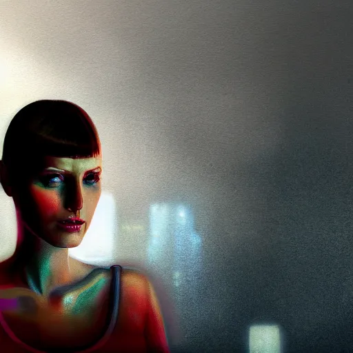 Image similar to portrait of blade runner rachael, digital art, art by artgem, indoor light, volumetric lighting, digital painting, smokey background, concept art, trending on artstaion