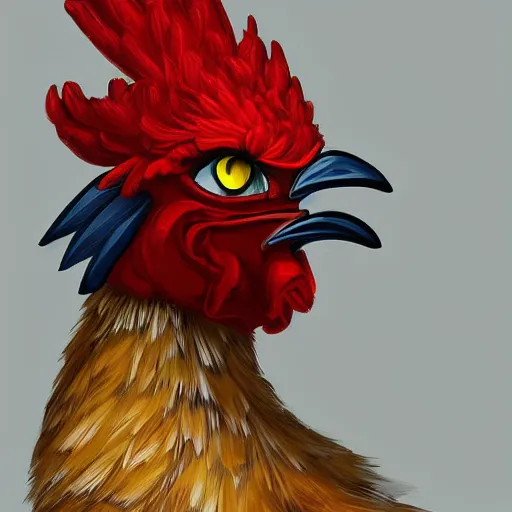 Prompt: a portrait of a rooster robot wearing a hoodie, artstation, illustration