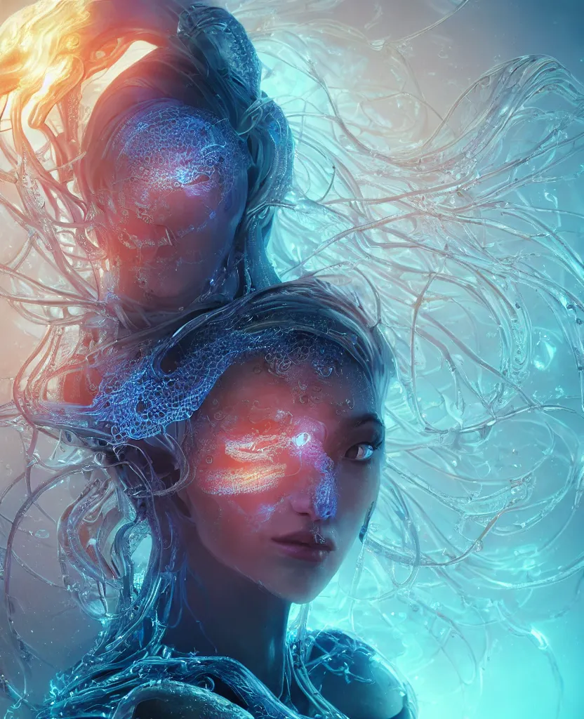 Image similar to close-up macro portrait of the face of a beautiful princess, epic angle and pose, symmetrical artwork, 3d with depth of field, blurred background, cybernetic jellyfish female face skull phoenix bird, translucent, nautilus, energy flows of water and fire. a highly detailed epic cinematic concept art CG render. made in Maya, Blender and Photoshop, octane render, excellent composition, cinematic dystopian brutalist atmosphere, dynamic dramatic cinematic lighting, aesthetic, very inspirational, arthouse. y Greg Rutkowski, Ilya Kuvshinov, WLOP, Stanley Artgerm Lau, Ruan Jia and Fenghua Zhong