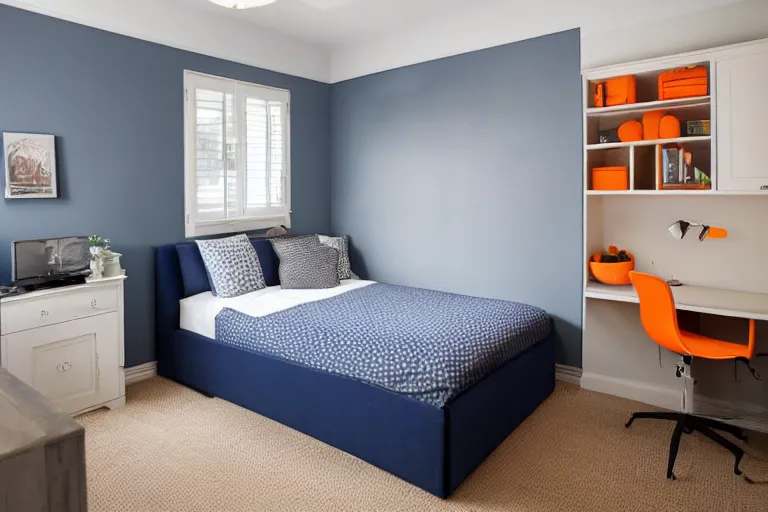 Image similar to a 10 by 11 foot bed room with white with a criss cross pattern in blue grey walls, white ceiling, navy blue carpet, a small bed, desk, two wooden wardrobes, an old TV, and a ceiling fan gives off a dim orange light.