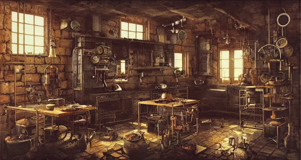 Image similar to IKEA catalogue photo of a steampunk farmhouse kitchen, by Beksinski