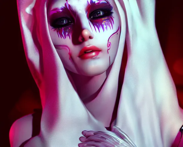 Prompt: a synthetic female human oracle wrapped in white cloth, beautiful, tribal facepaint, neotokyo, cinematic lighting, high resolution, 4 k