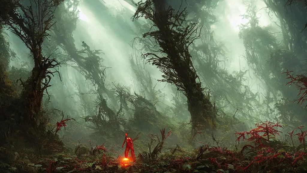 Prompt: a Photorealistic dramatic Matte painting,Looking through deep inside an Alien planets dense red forest there is a gigantic crashed spaceship,a lone astronaut in a white spacesuit with lights is exploring outside,hundreds of tall gigantic monster carnivorous Red Venus Flytrap plants and glowing bulbs,translucent wet and slimy plant life by Greg Rutkowski,Craig Mullins,James Paick,Fenghua Zhong,a misty haze,Beautiful dramatic dark moody nighttime lighting,Cinematic Atmosphere,Volumetric,Terragen,Octane Render,artstation,8k