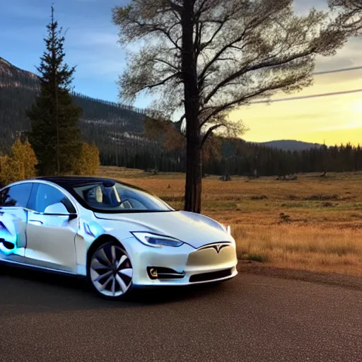 Image similar to a tesla car in central Oregon at sunset