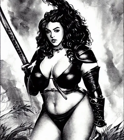 Image similar to 1 9 8 0 s fantasy novel book cover, bbw plus size amazonian elizabeth gillies in extremely tight bikini armor wielding a cartoonishly large sword, exaggerated body features, dark and smoky background, low quality print