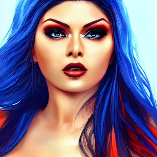 Image similar to portait of haifa wehbe, perfect lips, long hair blue centred, hd, very detailed curve, digital painting, art painting, unreal engine, final fantasy style, amazing red orange background theme