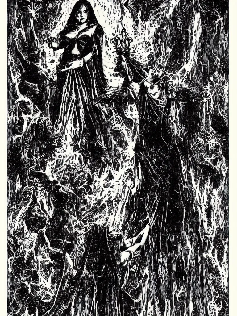Prompt: the dark sorceress holding a chalice | dark fantasy | Virgil Finlay |