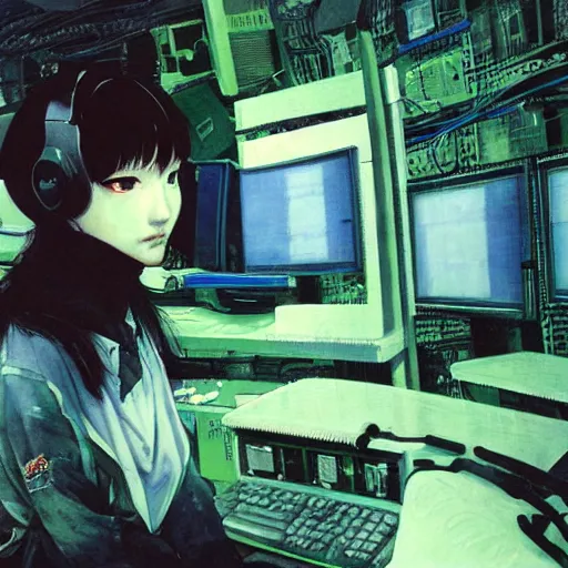 Image similar to portrait of lain iwakura, background room full of cables and computers, bright displays, blue and green tones by yoshitoshi abe, ruan jia and joao ruas, atmospheric