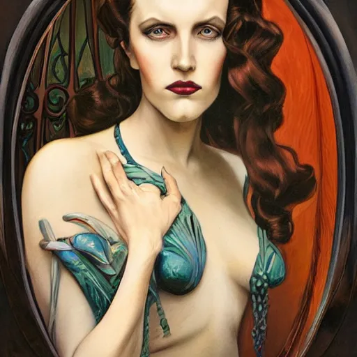 Image similar to an art nouveau, ( streamline moderne ), multi - racial portrait in the style of donato giancola and anna dittmann and charles dulac. very large, clear, expressive, and intelligent eyes. symmetrical, centered, ultrasharp focus, dramatic lighting, photorealistic digital matte painting, intricate ultra detailed background.