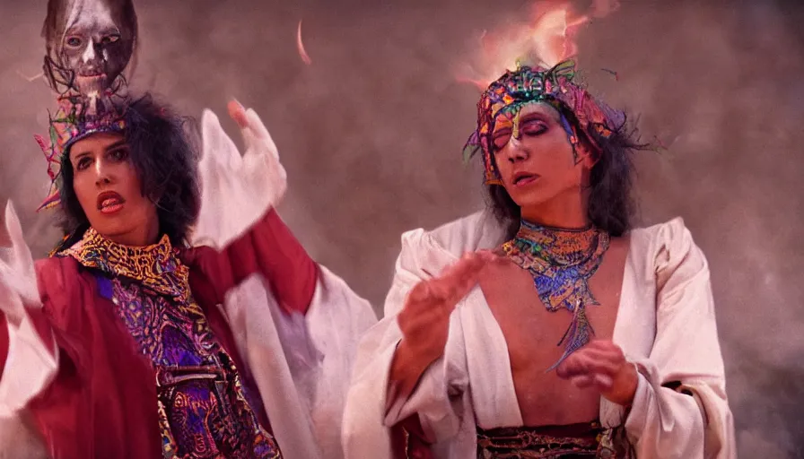 Image similar to movie still by alejandro jodorowsky, portrait of a multicultural beautiful female shamanic cult magician, performing a ritual to manifest dreams, magic details, cinestill 8 0 0 t eastmancolor technicolor, high quality, very detailed, heavy grain, fine facial features, 8 k, octane render