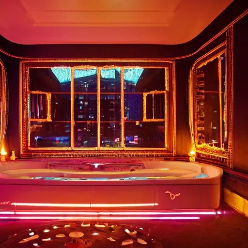 Image similar to wide angle photo of 60‘s great lounge baths interior from eyes wide shut, with golden intricate details and subtle lights, neon-decorated urban on night in the city seen through the windows,modern interior design, architectural design, vintage, night blade runner, dark, postapocalyptic, clean lines, 4k, octane, colorful ,lunarcore city seen at distance outside, big windows,octane, wide angle