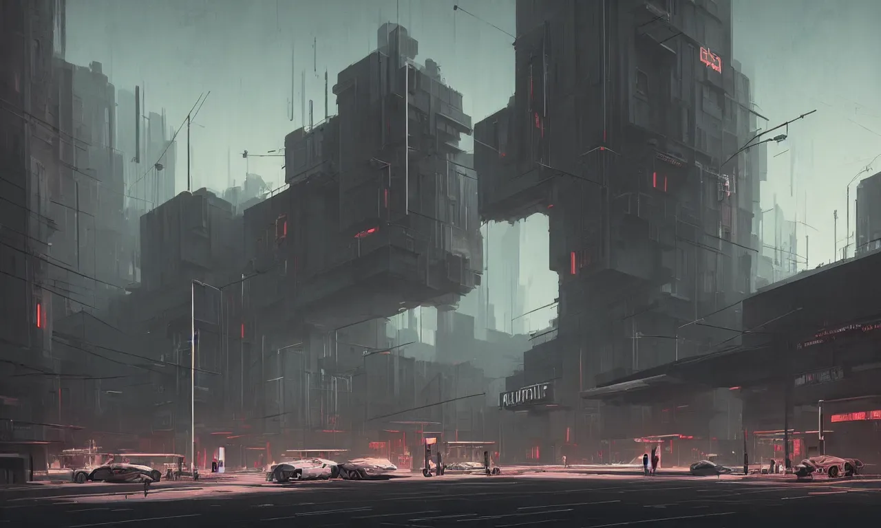 Prompt: streetscape, simple brutalist architecture, white neon lighting, neon signs, flying vehicles, pedestrians, greg rutkowski, syd mead, ralph mcquarrie, concept art, matte painting, finely detailed, minimal artifacts, rule of thirds, dynamic lighting, cinematic, detailed, denoised, centered