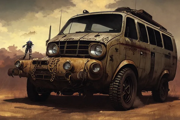 Prompt: dieselpunk mad max's 4 wd offroad honda kei van pursuit special painted by greg rutkowski makoto shinkai takashi takeuchi studio ghibli, akihiko yoshida