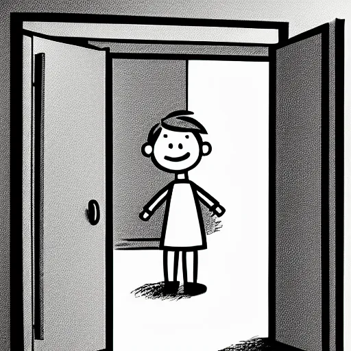 Prompt: storybook illustration of an open wardrobe revealing the entrance to a fantastic world featuring diary of a wimpy kid, storybook illustration, monochromatic