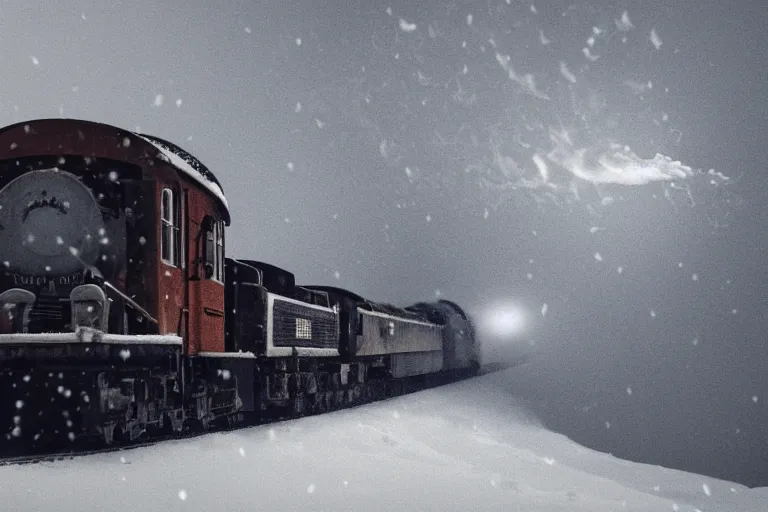 Image similar to an old locomotive rushing through snow storm in high speed, white steam on the side, dark smoke with fire! from the pipes, dynamic angled shot, speed lines, fire particles and snowflakes everywhere, 8 k, by edward hopper, 1 6 k, eerie moon eclipse cinematic scenery