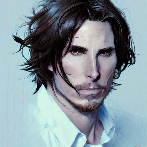 Image similar to anime Portrait of Christian Bale, intricate, wild, highly detailed, digital painting, artstation, concept art, smooth, sharp focus, illustration, art by artgerm and greg rutkowski and alphonse mucha and Hajime Sorayama