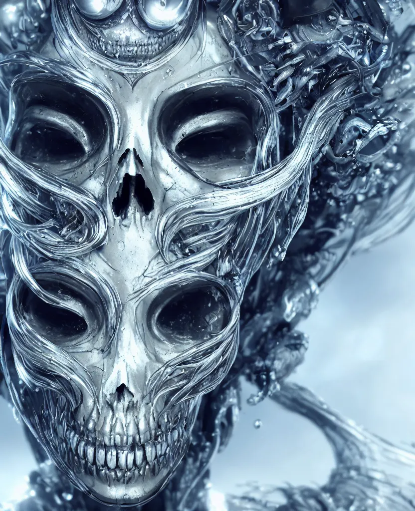 Image similar to close-up macro portrait of the face of a beautiful princess in a skull chrome mask, epic angle and pose, symmetrical artwork, 3d with depth of field, blurred background, cybernetic jellyfish female face skull phoenix bird, translucent, nautilus, energy flows of water and fire. a highly detailed epic cinematic concept art CG render. made in Maya, Blender and Photoshop, octane render, excellent composition, cinematic dystopian brutalist atmosphere, dynamic dramatic cinematic lighting, aesthetic, very inspirational, arthouse. y Greg Rutkowski, Ilya Kuvshinov, WLOP, Stanley Artgerm Lau, Ruan Jia and Fenghua Zhong