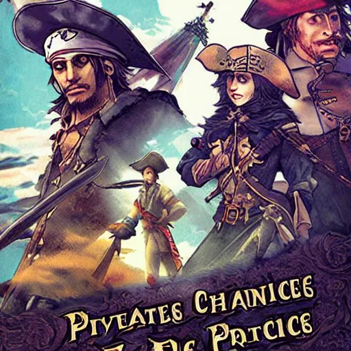 Image similar to Pirate chronicles, game poster printed on playstation 2 video game box , Artwork by Akihiko Yoshida, cinematic composition