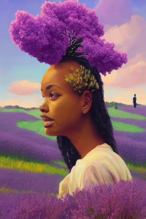 Image similar to portrait, giant lilac flower as head, black woman in heather field, surreal photography, golden hour, colorful clouds, impressionist painting, digital painting, artstation, simon stalenhag