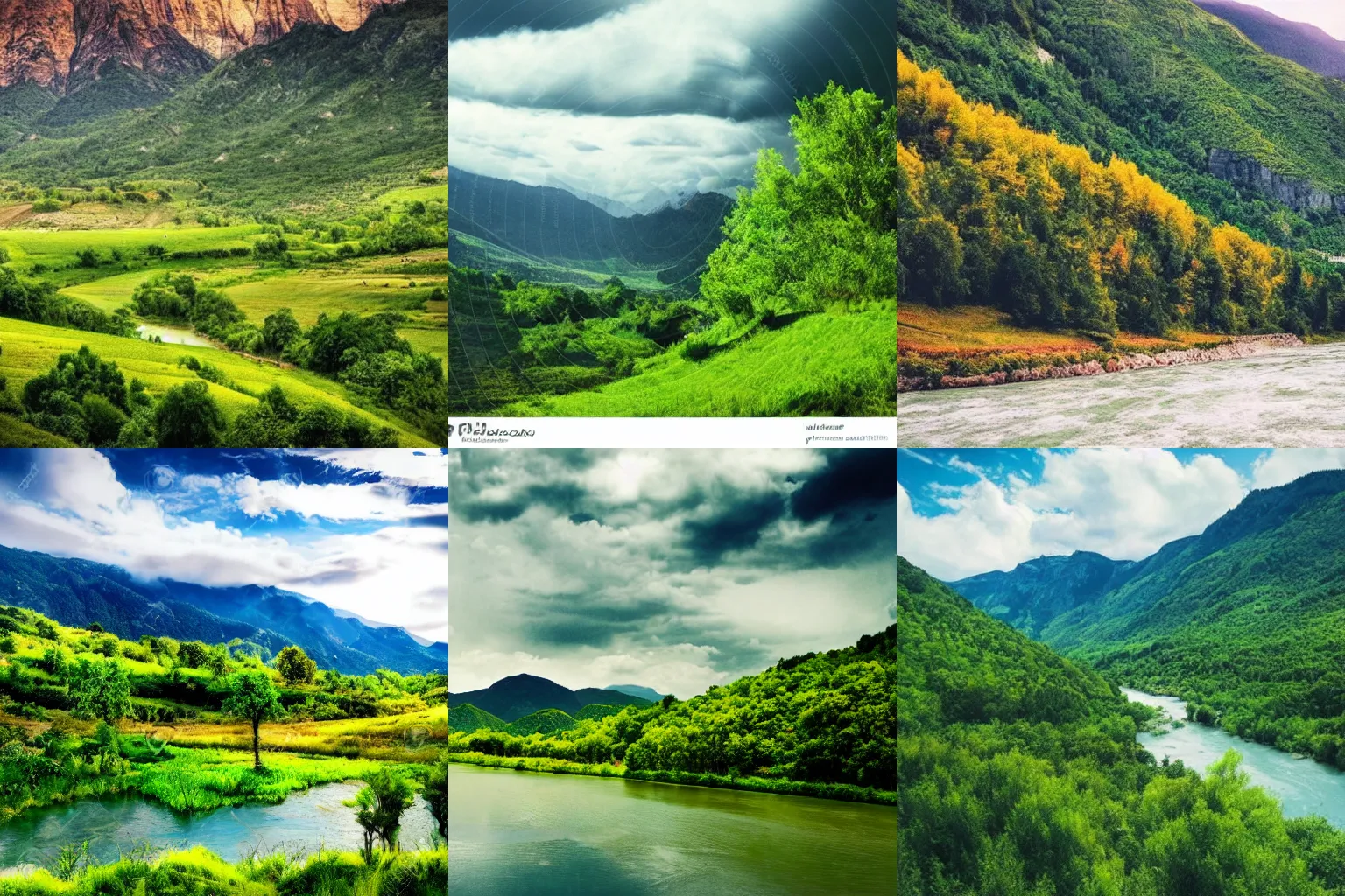 Prompt: A very beautiful landscape of mountain with plains, green grasse trees and river, clouds, dreamy vibe
