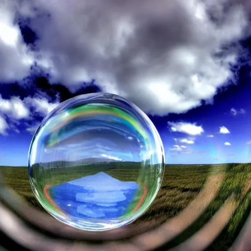 Image similar to A photograph of the Windows XP Bliss wallpaper inside of a giant floating soap bubble, floating in a blue and cloudy sky.