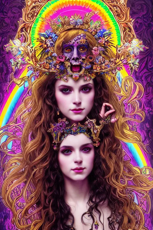 Image similar to a portrait of the lisa frank leopard print rainbow goddess from walmart, intricate, gothic, highly detailed, digital painting, crown of skulls, artstation, smooth, sharp focus, illustration, art by artgerm and greg rutkowski and alphonse mucha and william - adolphe bouguereau