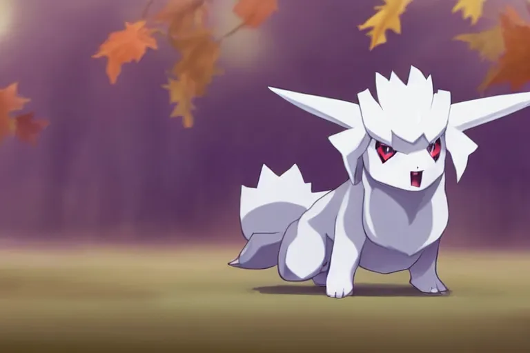 Image similar to real life absol pokemon, cute!!!, heroic!!!, adorable!!!, playful!!!, fluffly!!!, happy!!!, cheeky!!!, mischievous!!!, ultra realistic!!!, autumn, clear weather, golden hour, sharp focus