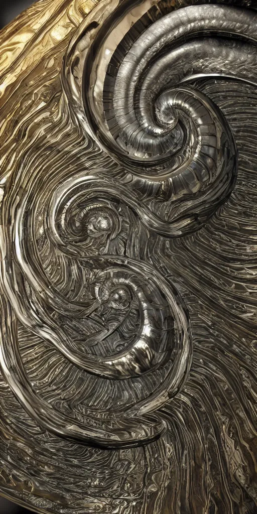 Image similar to a photorealistic render of a 3 d nautilus sculpture, made of liquid metal and marble, c 4 d, by zhelong xu, ernst haeckel, hyper realistic, plain background, 8 k, volumetric lightning, octane render