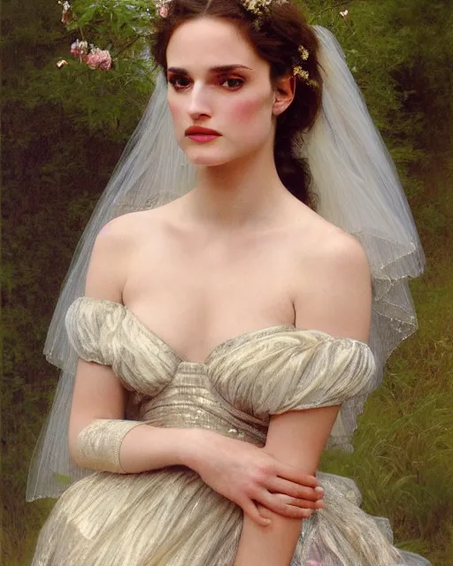 Prompt: realistic oil painting of young 1 8 - year old winona ryder or natalie portman wearing an iridescent wedding dress covered in pearls, highly detailed, intricate,, elegant, digital painting, smooth, sharp focus, illustration, ultra realistic, 8 k, by bouguereau, alphonse mucha, artgerm, and donato giancola