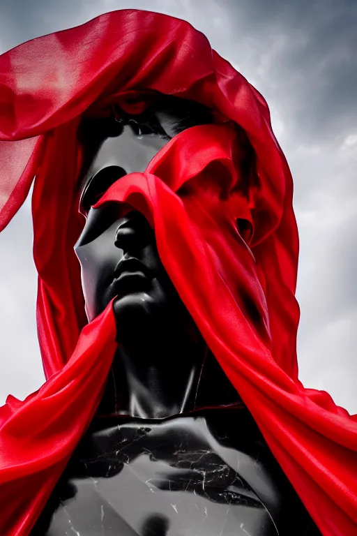 Image similar to polished black marble athena statue hiding his face under a red silkveil, sculpted by hedi xandt and bernini, epic and cinematic view, volummetric light, texturized, detailed, 8 k