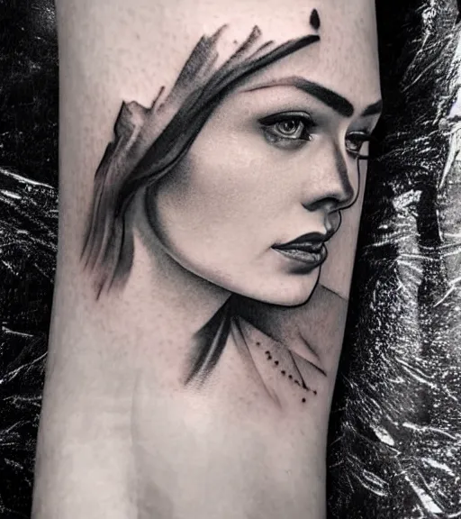 Image similar to tattoo design sketch of a beautiful woman face with a faded background of beautiful mountains and nature on her side, hyper - realistic, in the style of den yakovlev, amazing detail, black and white