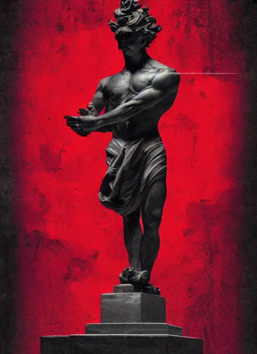 Image similar to elegant dark design poster showing a greco roman statue, black background with very subtle red purple design elements, powerful, nekro, vito acconci, thin straight lines, dark, glitch art, neo vaporwave, gritty, layout frame, square, trending on artstation