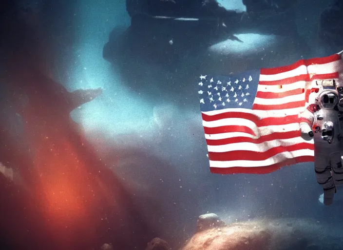 Image similar to astronaut underwater holding a flag in the bottom of the ocean. a submarine is visible in the distance. dark, concept art, cinematic, dramatic, atmospheric, 8 k, trending on artstation, low visibility, fog, ocean floor, christopher nolan, interstellar