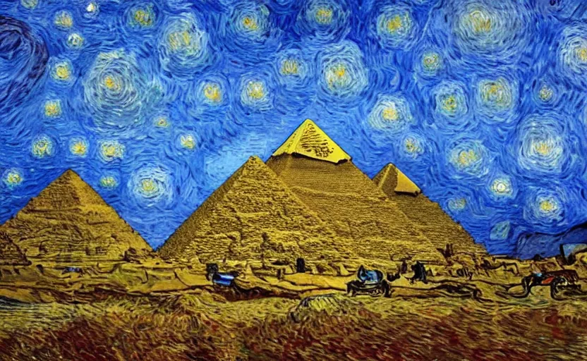 Image similar to The pyramids with Van gogh sky