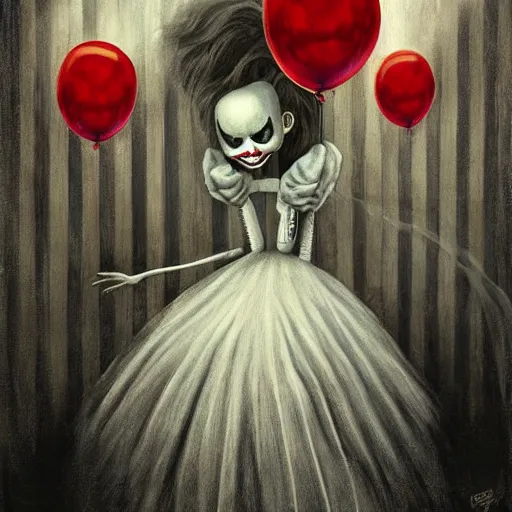 Prompt: grunge painting of underneath your bed with a wide smile and a red balloon by chris leib, loony toons style, pennywise style, corpse bride style, horror theme, detailed, elegant, intricate, conceptual, volumetric light