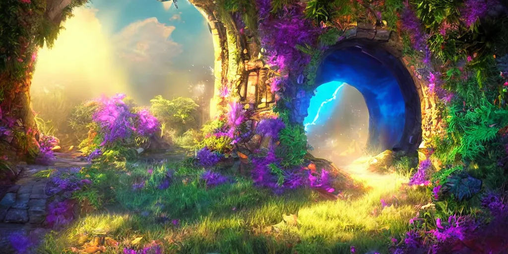 Image similar to fantasy world portal by Lisa Frank dramatic lighting, cinematic establishing shot, extremely high detail, photorealistic, cinematic lighting