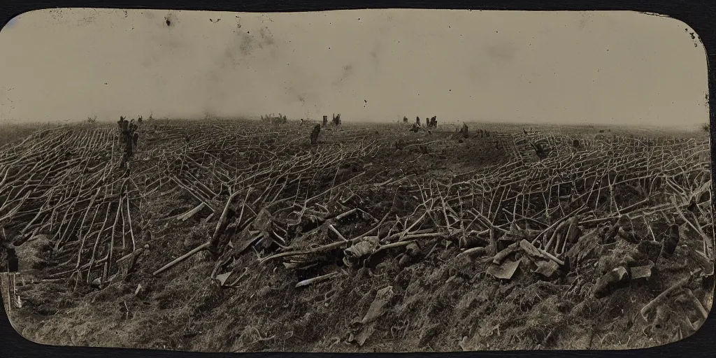 Prompt: american civil war trench battle, deep trenches in the ground, shots fired, clouds of smoke, explosions, aerial view, 1864 tintype photograph