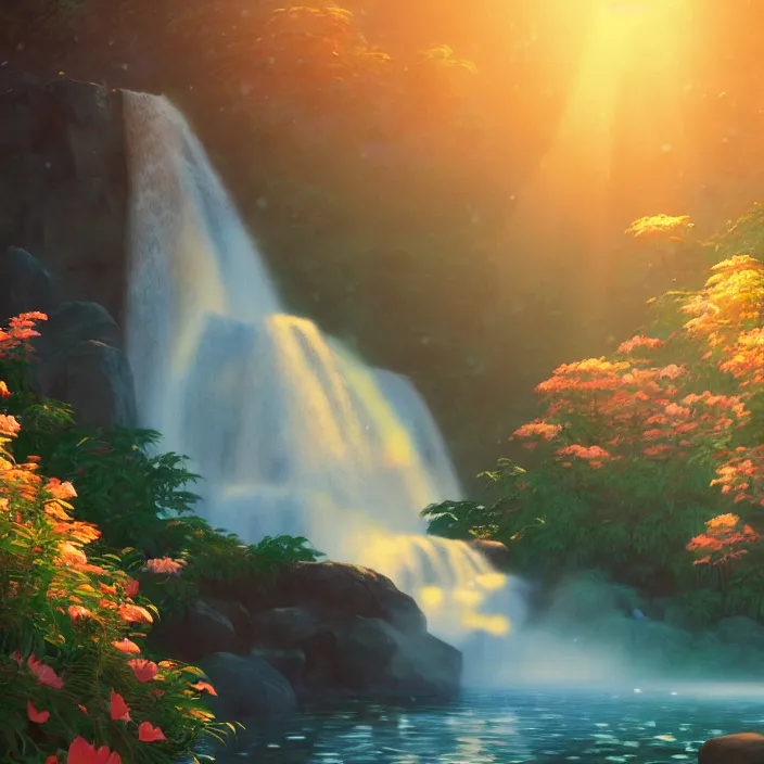 Image similar to an epic makoto shinkai and renoir landscape of a twin waterfall, 🌺, golden hour, ultra smooth, lois van baarle, ilya kuvshinov, unreal engine, blender, trending on artstation, suntur, caleb worcester, highly detailed, photorealism, bloom effect 8 k