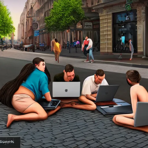 Image similar to a group of realistic bums using laptops near on street, highly detailed, intricate, sharp focus, digital art, 8 k