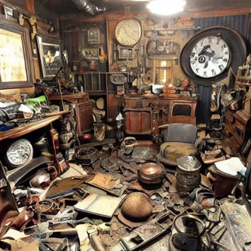 Image similar to steampunk hoarders room, extremely dirty