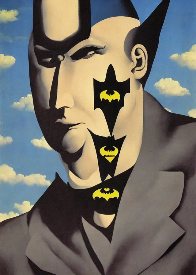 Prompt: surreal painting of batman by rene magritte