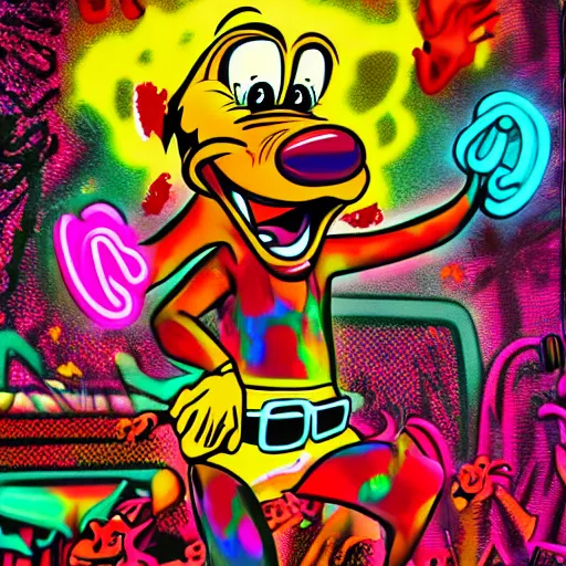 Prompt: goofy covered in blood in a dance rave, neon coloring, digital art, highly detailed