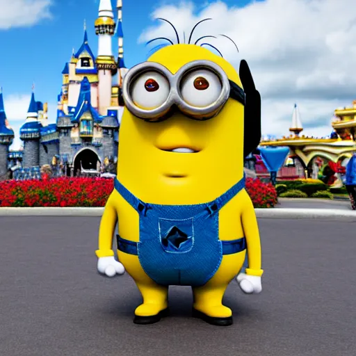 Image similar to minion in front of the disneyland castle, photo realistic, 4 k