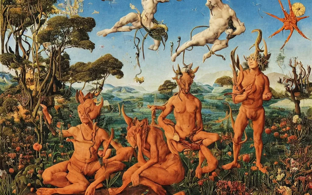 Image similar to a portrait photograph of a meditating satyr and a centaur monk riding a rocket machine and hunting at a river delta. surrounded by bulbous flowers and trees. mountain range under a blue sky of fiery stars. by jan van eyck, max ernst, ernst haeckel, ernst fuchs and artgerm, cgsociety, fashion editorial, 8 k