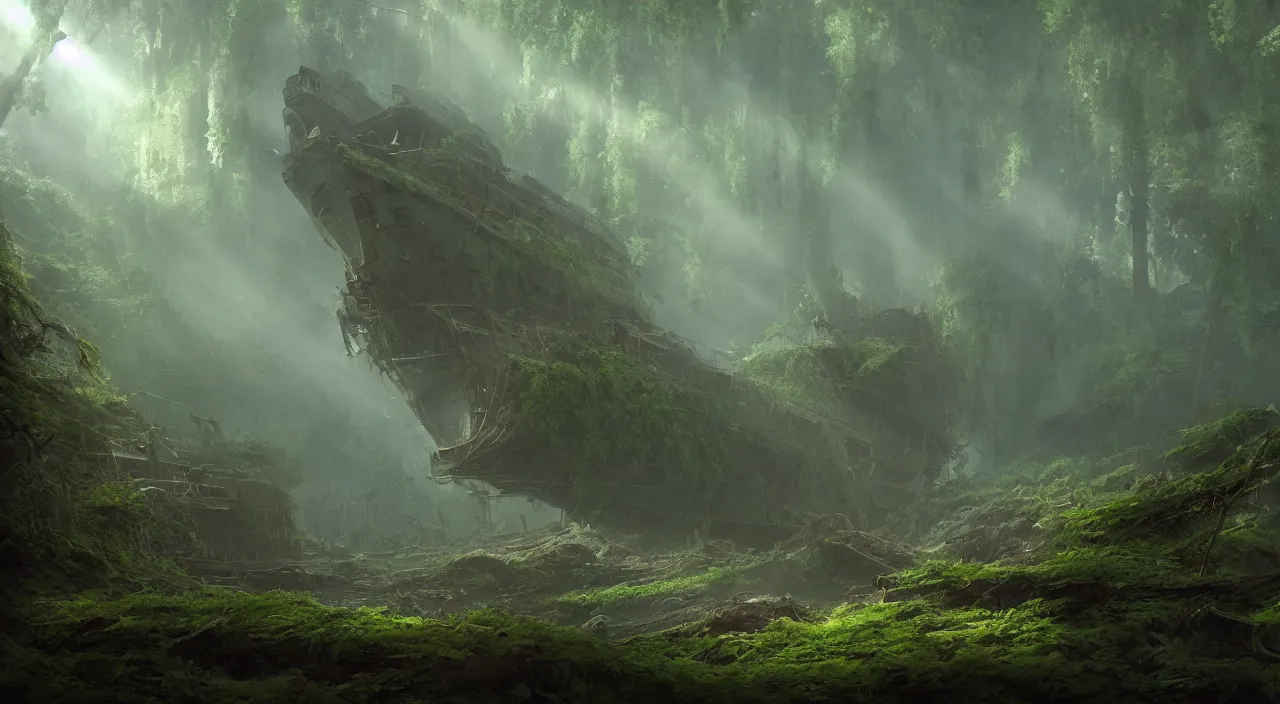 Image similar to rusty warship dreadnought shipwreck in a lush forest, volumetric lighting, god rays, sci-fi, ivy, moss, trending on artstation, concept art by Greg Rutkowski and Sebastian Luca, global illumination