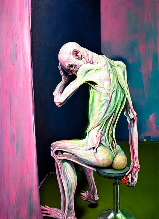 Prompt: an insane, skinny, artist wearing overalls, expressive painting the walls inside a grand messy studio, depth of field, hauntingly surreal, highly detailed painting by francis bacon, edward hopper, adrian ghenie, glenn brown, and james jean, soft light 4 k in pink, green and blue colour palette, cinematic composition,